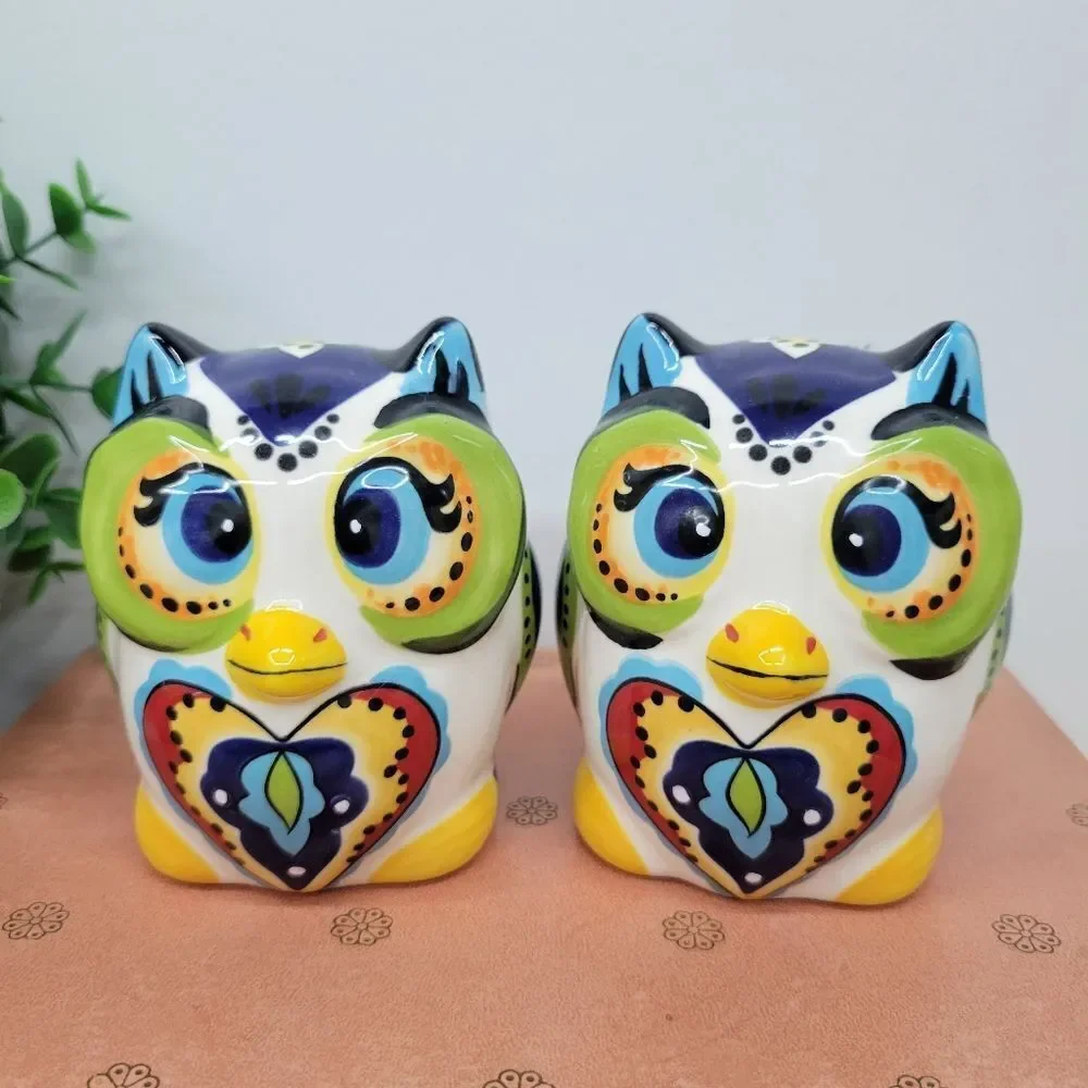 Colorful Ceramic Owl Salt & Pepper Shakers – Folk Art Style 🦉 - Picture 6 of 11